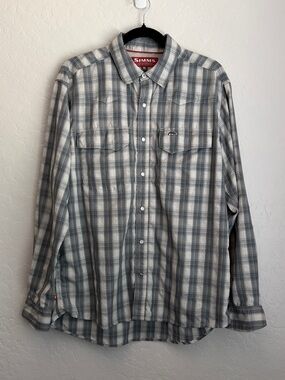 Simms Men's Long Sleeve Pearl Snap Vented Fishing Shirt‎ Plaid Blue Gray Medium